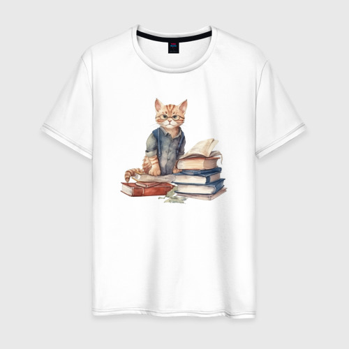 Мужская футболка хлопок с принтом Кот учёный: арт нейросети в акварельном стиле, вид спереди #2